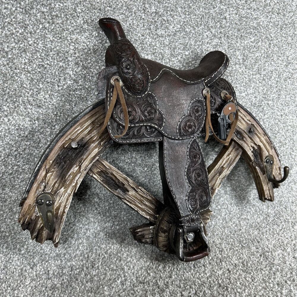 Western Wagon Wheel Horse Saddle Decor Coat Hat Rack with Hooks 14" Wide Heavy - Picture 2 of 12